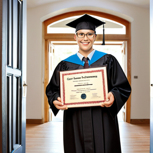 **Image Prompt:** A confident individual holding a diploma in online information research, standing in front of open doors representing career opportunities. Bright, hopeful lighting.