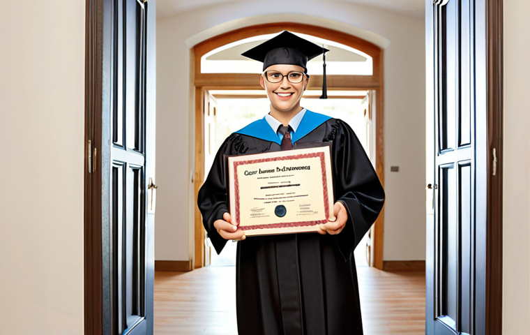 **Image Prompt:** A confident individual holding a diploma in online information research, standing in front of open doors representing career opportunities. Bright, hopeful lighting.