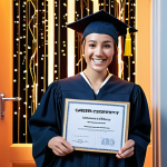**"A graduate holding an online information research certificate, smiling confidently, surrounded by glowing data streams and open doors representing career opportunities."**