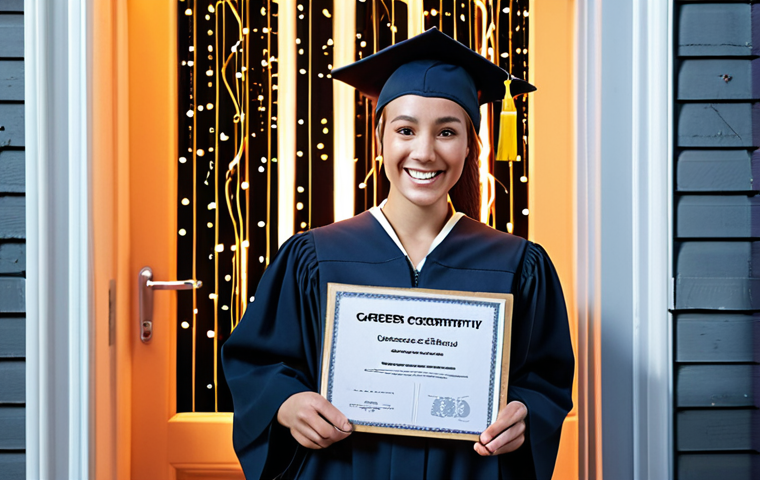 **"A graduate holding an online information research certificate, smiling confidently, surrounded by glowing data streams and open doors representing career opportunities."**