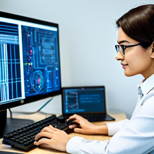 **

"A successful female engineer in a modern, brightly lit office, wearing professional attire, fully clothed, working on a complex circuit board, surrounded by computer monitors displaying code, natural pose, perfect anatomy, well-formed hands, safe for work, appropriate content, professional, modest, family-friendly. The style is realistic and high quality, resembling a photograph in a technology magazine."

**