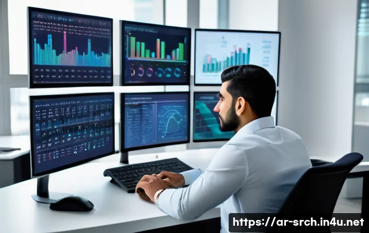 인터넷정보검색 전문가로 성장하기 위한 자격증 로드맵 - A professional Arab man in his 30s wearing smart casual attire, sitting at a modern desk in a sleek ...