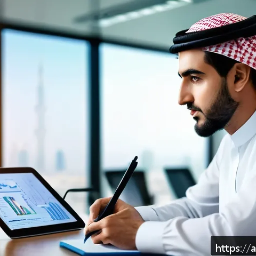 인터넷정보검색 자격증으로 경력을 확장한 성공 이야기 - A professional Arab man in modern office attire, sitting at a sleek desk with multiple digital scree...
