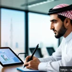 Home 21 인터넷정보검색 자격증으로 경력을 확장한 성공 이야기 - A professional Arab man in modern office attire, sitting at a sleek desk with multiple digital scree...