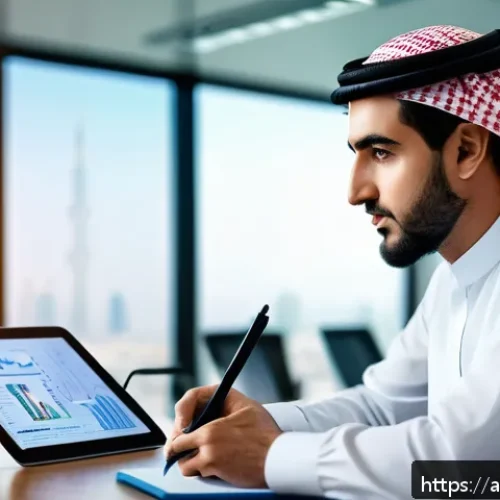 Home 33 인터넷정보검색 자격증으로 경력을 확장한 성공 이야기 - A professional Arab man in modern office attire, sitting at a sleek desk with multiple digital scree...