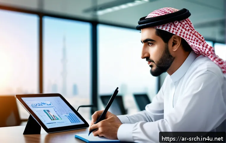 인터넷정보검색 자격증으로 경력을 확장한 성공 이야기 - A professional Arab man in modern office attire, sitting at a sleek desk with multiple digital scree...