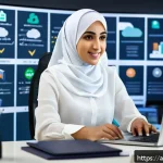 Home 20 인터넷정보검색 자격증과 디지털 리서치 기술의 연계성 - A Middle Eastern professional woman wearing modest business attire with a hijab, sitting at a modern...