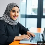 Home 19 인터넷정보검색 자격증을 활용한 이직 준비 전략 - A professional Middle Eastern woman sitting at a modern desk in a bright home office, focused on her...
