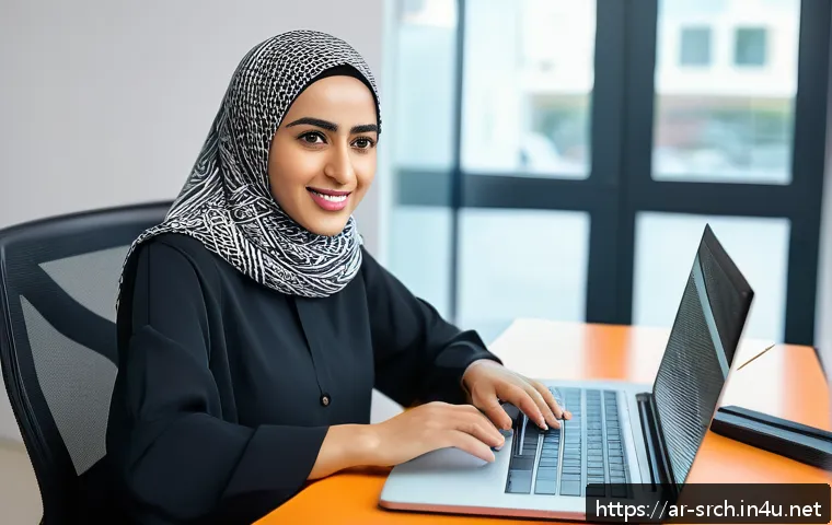 인터넷정보검색 자격증을 활용한 이직 준비 전략 - A professional Middle Eastern woman sitting at a modern desk in a bright home office, focused on her...