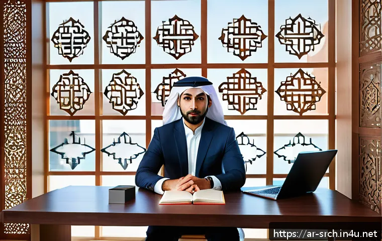 인터넷정보검색 자격증과 경력 개발의 상호 보완성 - A professional Arab man in modern business attire sitting at a sleek desk in a contemporary office w...