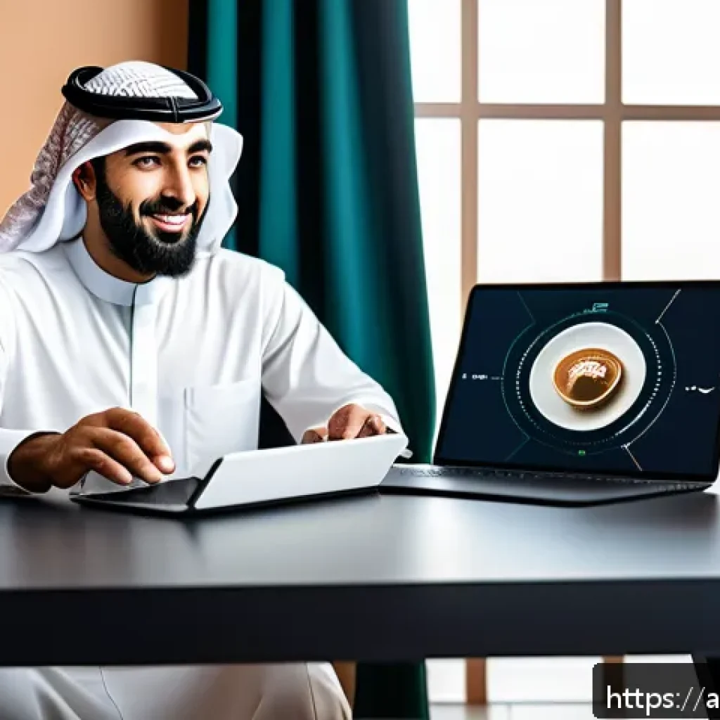 인터넷정보검색 실무와 최신 검색 기술 트렌드 - A modern Arabic digital workspace scene featuring a Middle Eastern professional using a sleek laptop...