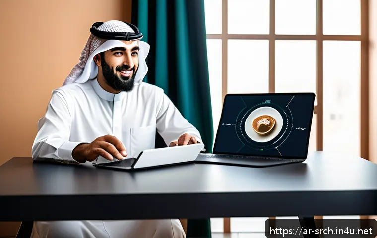 인터넷정보검색 실무와 최신 검색 기술 트렌드 - A modern Arabic digital workspace scene featuring a Middle Eastern professional using a sleek laptop...